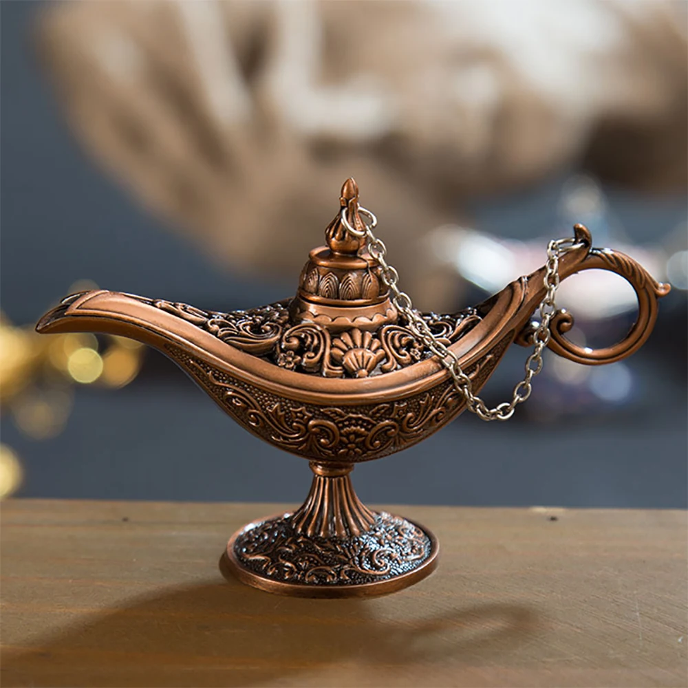 Vintage Aladdin Magic Genie Lamp Incense Burners Metal Carved Wishing Light for Home Tabletop Decoration, Party, Birthday Delica