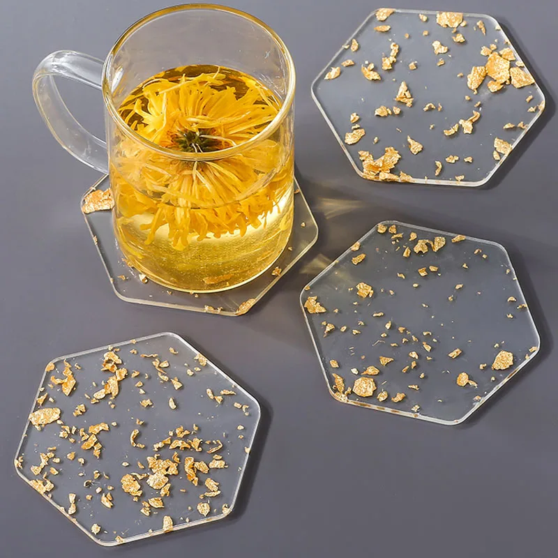 6PCS/Set Europe Acrylic Coaster Storage Creative Gold Foil Anti-scald cup mat Light Luxury Transparent Coasters Home Decoration