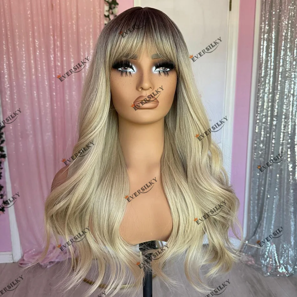 

100% Human Hair Lace Front Wigs for Women with Bangs Ombre Blonde Super Wave Transparent Lace 13x6 Wig Fringe Ombre Remy Hair