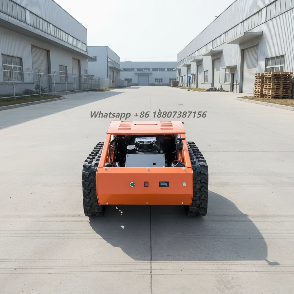 High-efficiency Remote-controlled Lawn Mower with Brushless Drive Motor and Vertical Cutting Blade Lift Function.