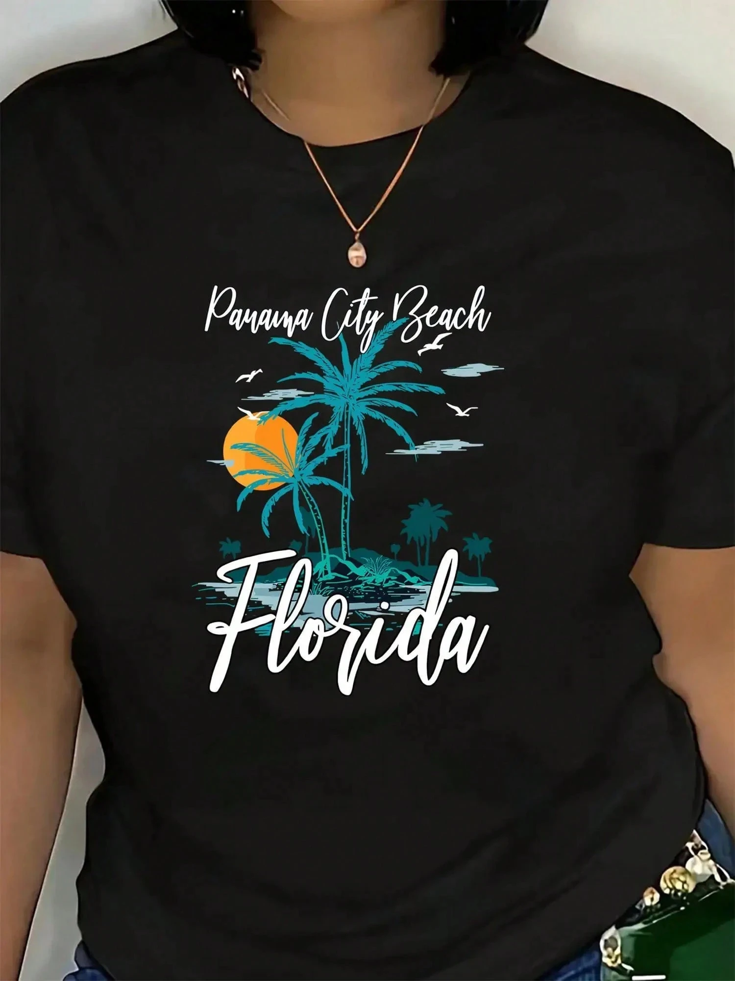 

Женская футболка с пляжным принтом Florida Panama City, лето 2026, незаменимый стиль для отпуска, универсальный топ с короткими рукавами, модная новинка