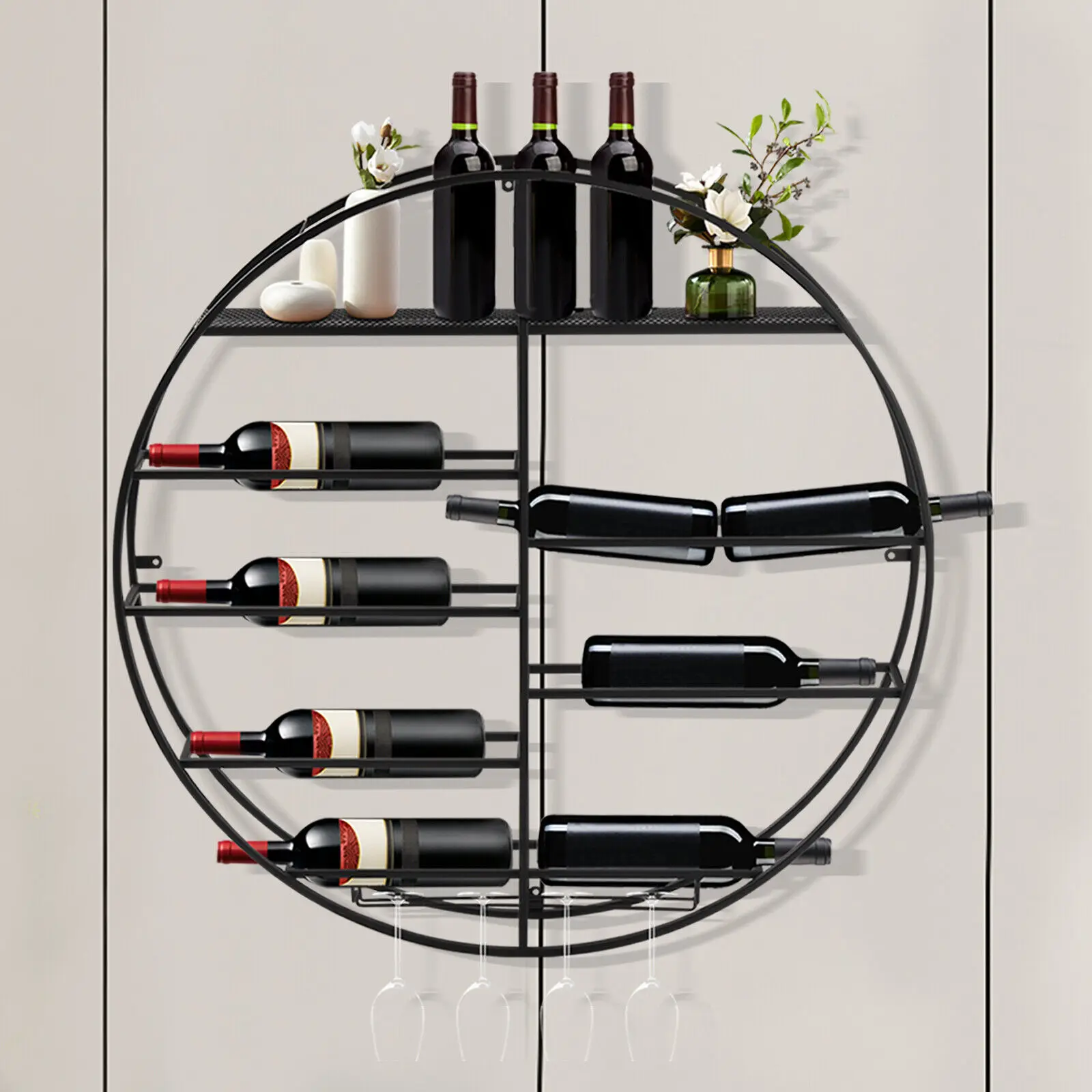 12 Bottle Black Metal Round Wall Mounted Wine Display Rack Wine Bottle Rack NEW!