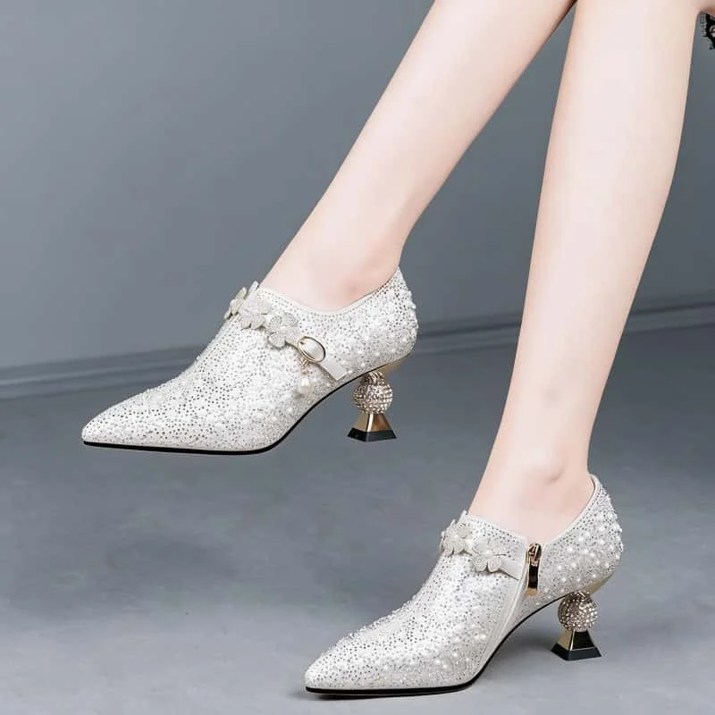 Zapatos de Tacón Bajo de 6.5cm con Punta Puntiaguda, Elegantes y Modernos, con Pedrería Plateada y Diseño Floral, para Novia, Zapatos de Fiesta, Primavera 2026