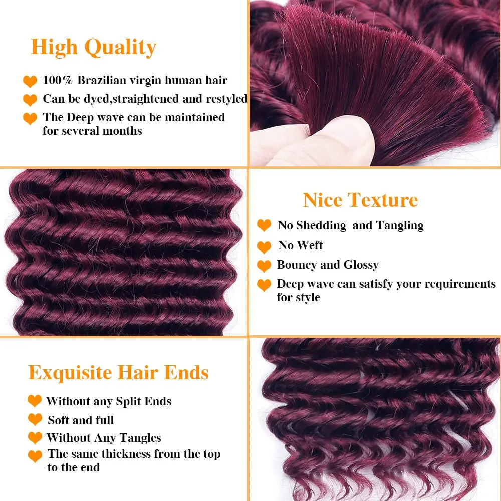 Deep Wave Braided Human Hair #99J Burgundy Deep 100% Raw Brazilian Native Hair Extensions Two Strands 100g Weftless Human Hair