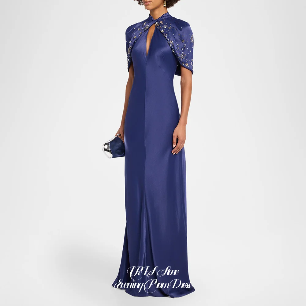 Modern Evening Dresses for Women Satin Keyhole Neck Beaded Cape Sleeve Open Back Floor Length Formal Gown For Gala Party