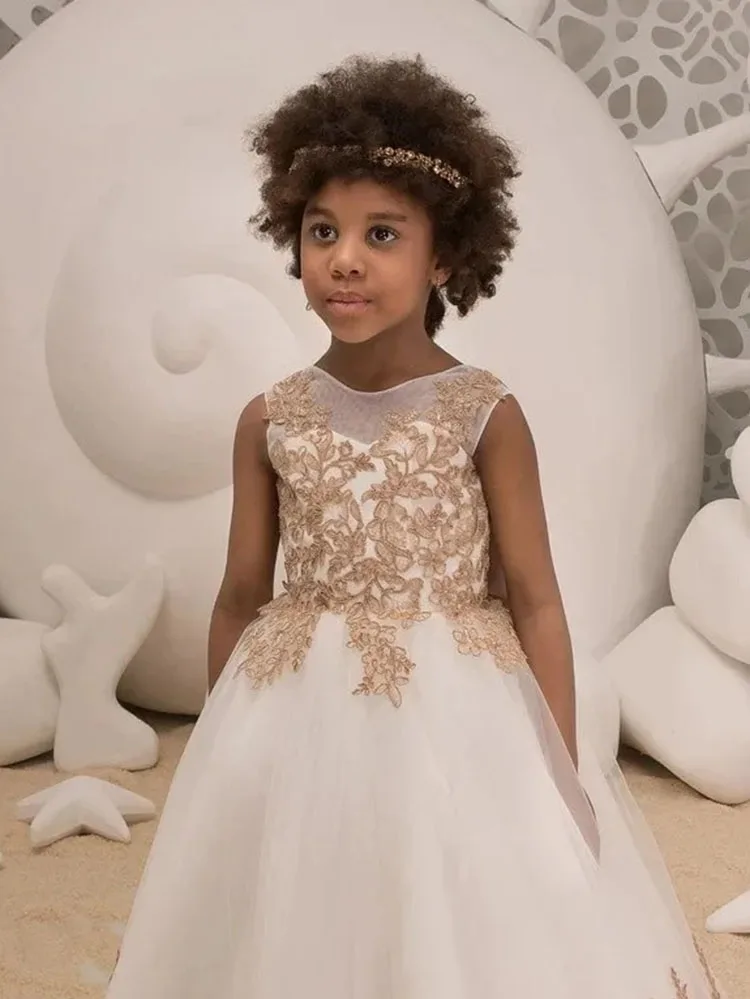 Vestido de niña de las flores para boda, apliques hinchados de tul sin mangas con lazo, fiesta de cumpleaños para niños, vestidos de baile de primera comunión de princesa