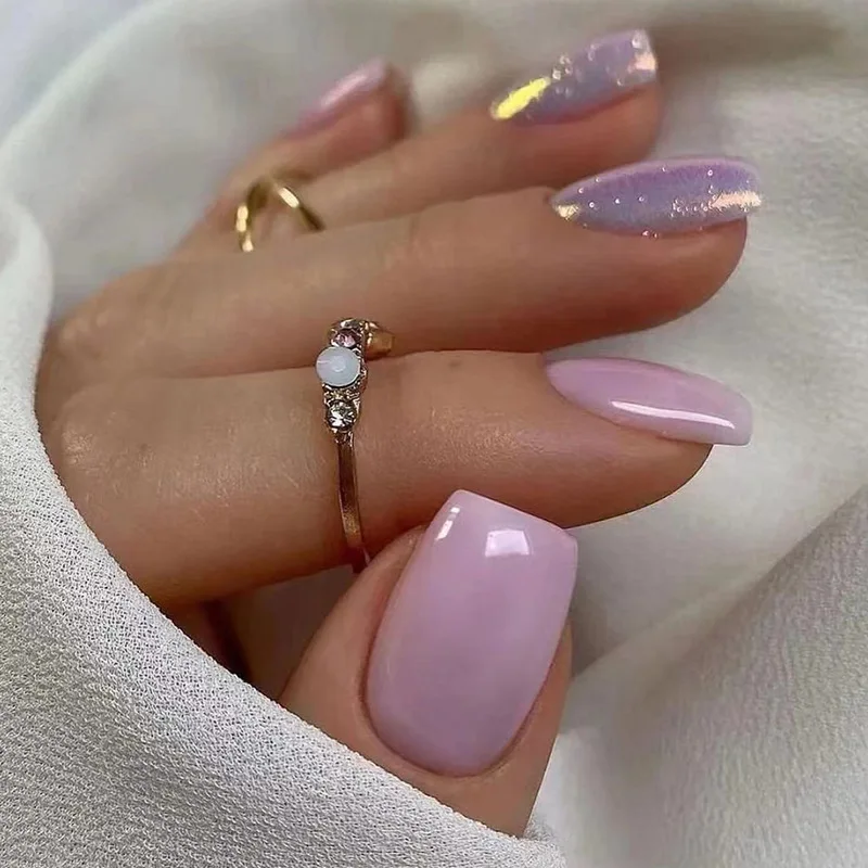 24 pçs simples curto roxo cobertura completa dicas de unhas com aurora pó brilhante unhas falsas imprensa em ins quadrado unhas falsas conjuntos acabados