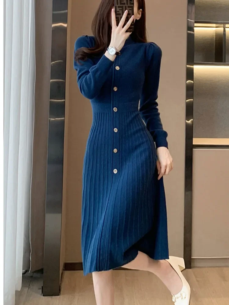 Fall Winter Solid Sweater Dress Fashion Retro O-neck Puff Sleeve Slim A-line Vestidos High Quality Single Breasted Knit Dress