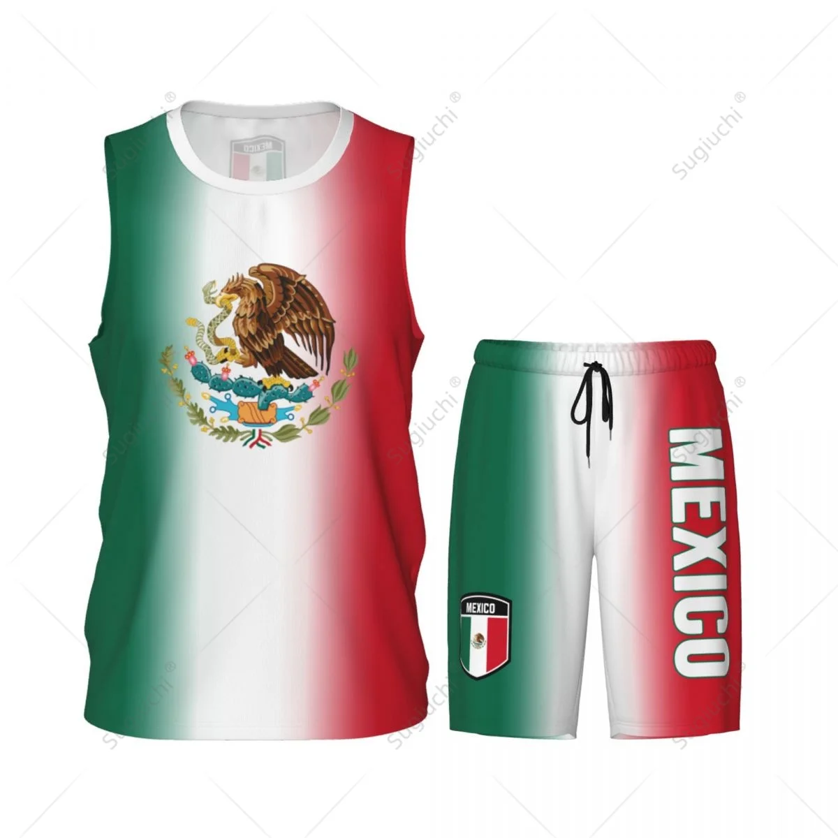 Men Mexico Flag Basketball Set Mesh Shirt & Pants Sleeveless Exclusive Team-up Custom Name Nunber Unisex