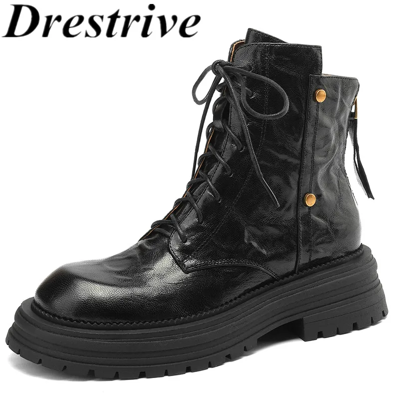 

Drestrive Sheepskin 2023 Fashion Women Ankle Boots Round Toe Thick Mid Heels Winter Shoes Cross Tied Zipper Platform Top Quality