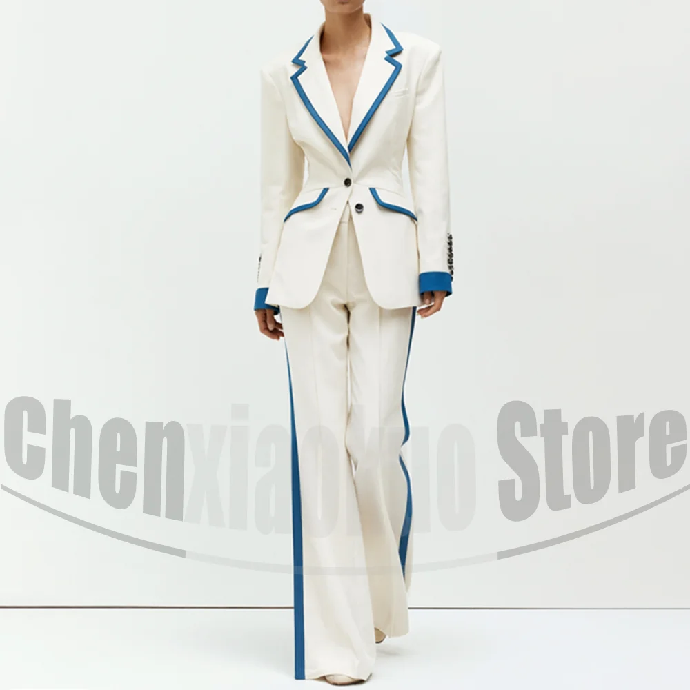 

Шикарный женский белый костюм с синей отделкой, модный однобортный наряд с лацканами и вырезом для вечеринки, выпускного вечера, формальные комплекты из двух предметов