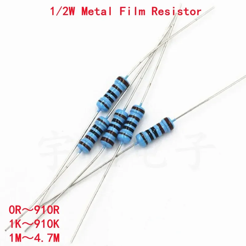 

50pcs 1/2W Metal Film Resistor 1R ~ 4.7M 100R 220R 330R 1K 1.5K 2.2K 3.3K 4.7K 10K 22K 47K 100K 100 220 330 1K5 2K2 3K3 2.2M Ohm