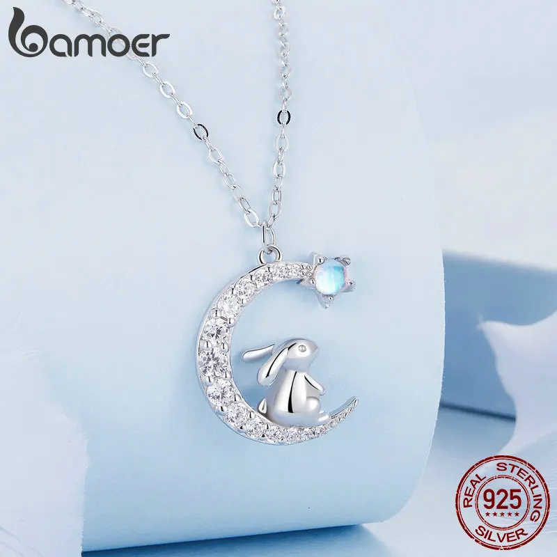 Bamoer collana con ciondolo a mezzaluna in argento Sterling 925 con catena a collo di coniglio carino per le donne regalo di compleanno gioielleria