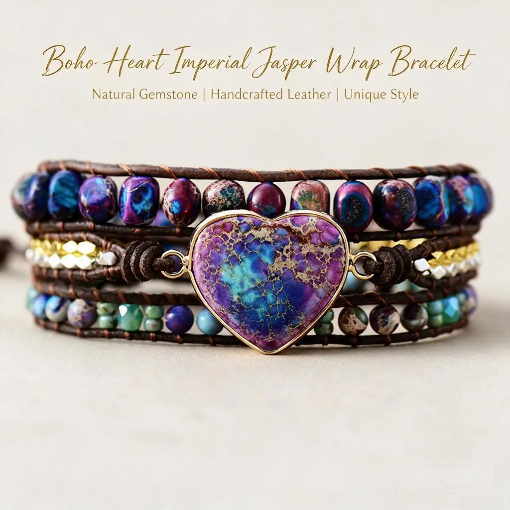 Luxury Boho Multi Layer Handwoven Emperor Stone Cute Heart Charm Beaded Light Brown Leather Cord Bracelet For Women Jewelry Gift