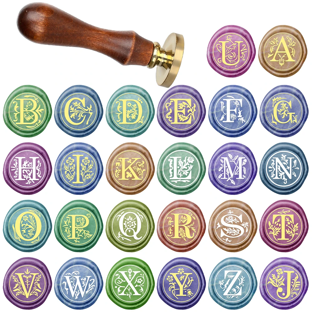 26 Letters Wax Seal Stamp and Wooden Handle Set, Medieval Initial Alphabet Wax Seal Stamp, Brass Head Wooden Handle