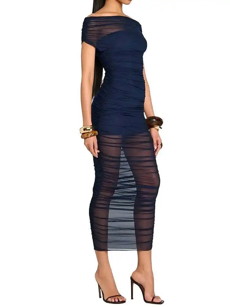 Oniflyme Mesh Patchwork See Through Abito longuette da donna Moda Slash Neck Manica corta Aderente Club Partywear Abiti eleganti Robe