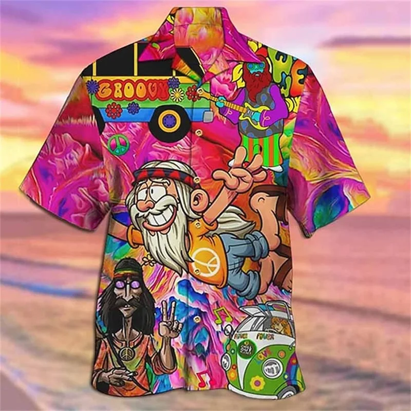 Camisa havaiana vintage solta masculina, manga curta, moda de praia, desenho animado 3D, blusa exterior, roupa casual, 2024