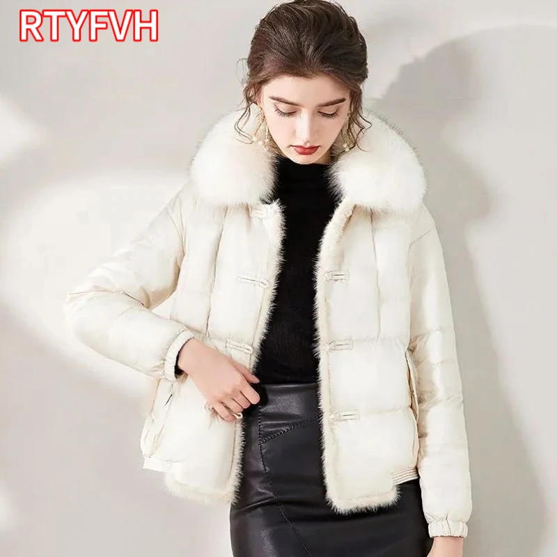 2024 Imitatie Vossenbont Kraag Winter Vrouwen 90% Witte Eend Donsjack Dames Korte Warme Pufferjas Dames Losse Vintage Parka