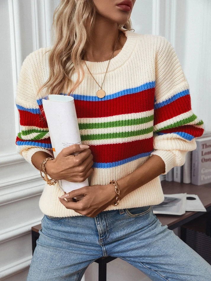 Casual Rainbow Striped Women's Autumn Hoodie 2024 Fashion Casual O-Neck Long Sleeve Daily Loose Versatile Knitted Sweater