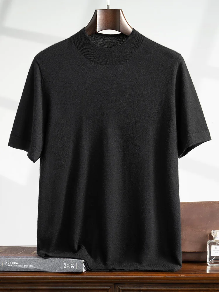 CHICUU الفاخرة الرجال 100% الصوفى الكشمير تي شيرت وهمية الرقبة البلوز سترة قصيرة الأكمام الصيف رقيقة متماسكة القمم