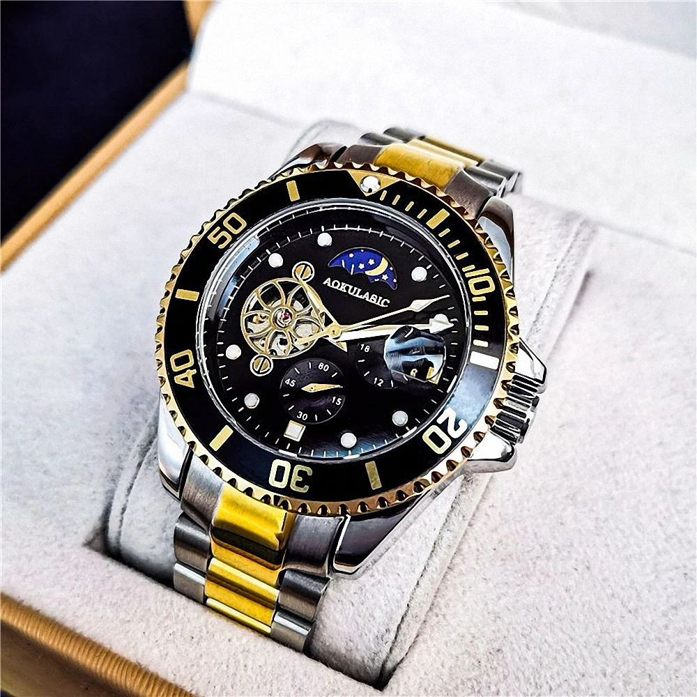 Tourbillon Moon Phase Skeleton Mechanical Watches Rotating Bezel Luminous Dial Luxury Automatic Mens Watch Stainless Steel Strap