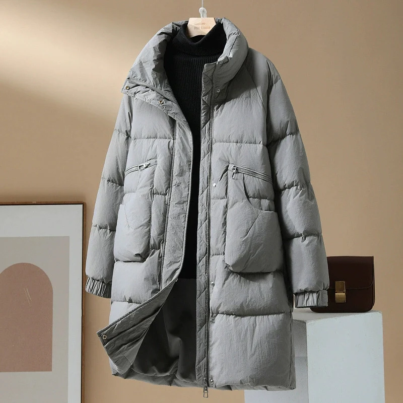 Schinteon feminino pato branco para baixo jaqueta longa gola outono inverno quente grosso outwear estilo coreano casaco 2025 nova moda