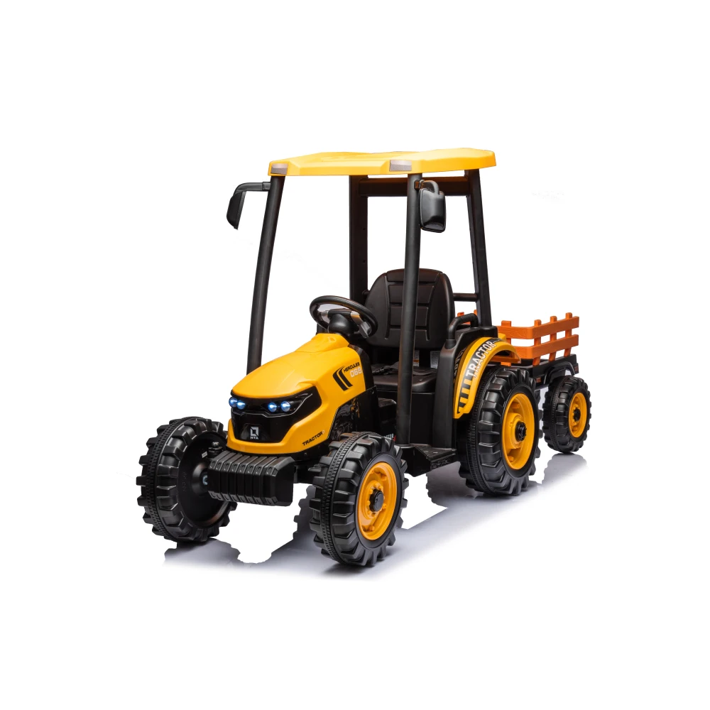 

EV toys with trailer, 24V battery powered, with 3 Jill shift ground loader, tug tires, LED lights, audio, safety belt