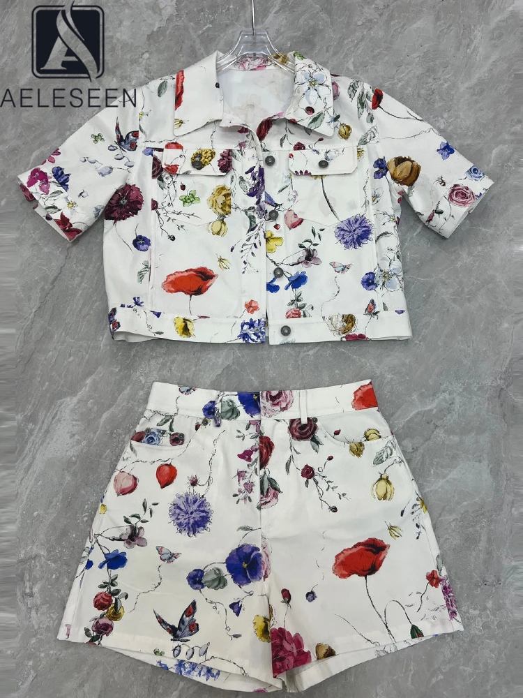 AELESEEN Sicilian 100% Cotton Denim Shorts Set Women Summer Designer Fashion Flower Print Short Top + High Waist Shorts Set