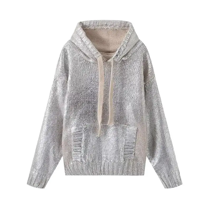 Women Metal Hooded Sweatshirt Long Sleeves Knitted Pullover Hoodie with Pockets Fashion Hoodie for Autumn Comfortable