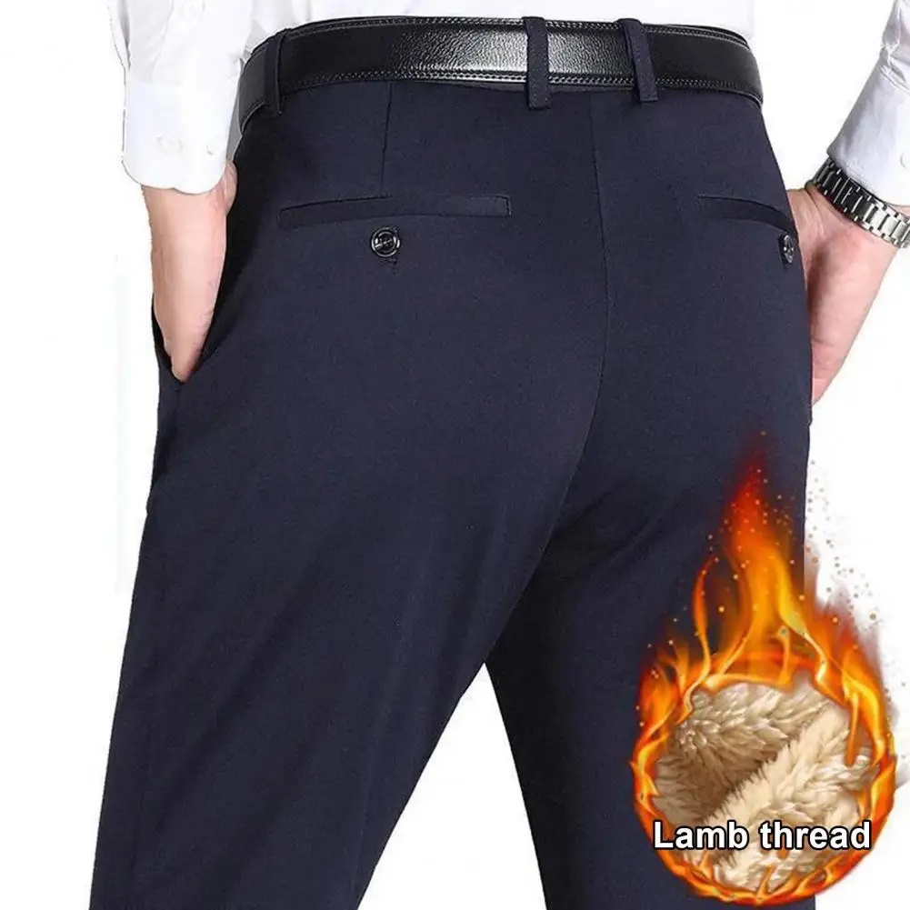 Men Suit Pants Straight Slim Fit High Waist Zipper Closure Men Pants Thickened Plush Warm Pockets Formal Business Men's Trousers