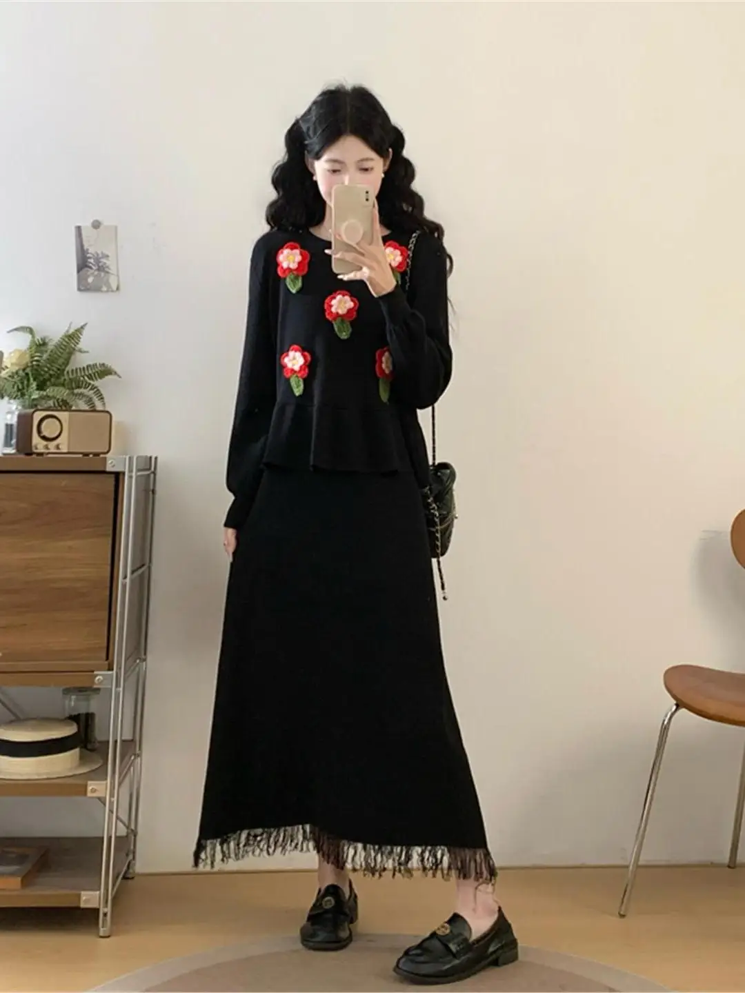 Tamanho grande feminino camisola de malha colete saia conjunto floral bordado inchado duas peças suíte commute coreano sle primavera temporada