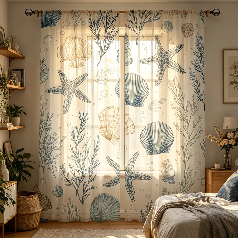 2PCS Digital Printing Sheer Curtain, Mermaid Tail Scales Ocean Pattern, Magical Underwater Girls Bedroom Fantasy Beach Decor