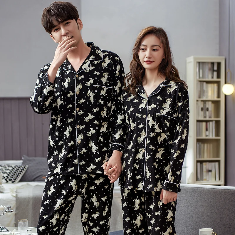 Full Pure Cotton Pajamas Couple Long Sleeved Sleepwear Set Animal Print Pajamas For Men Sleep Top Pants Women Pajamas Set Pijama