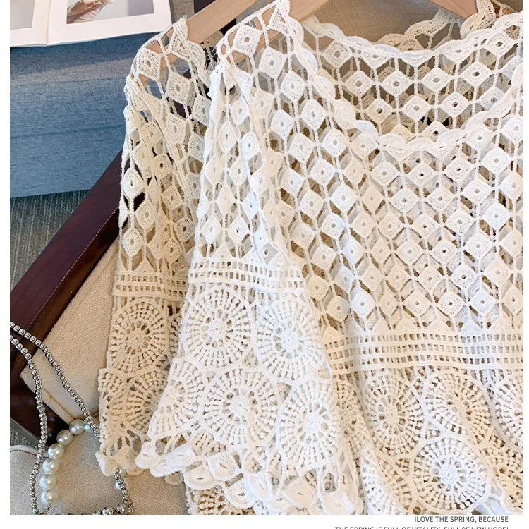 Summer crochet hollow lace western-style half sleeved top, women\'s loose versatile cover up, sun protection , beach shirt