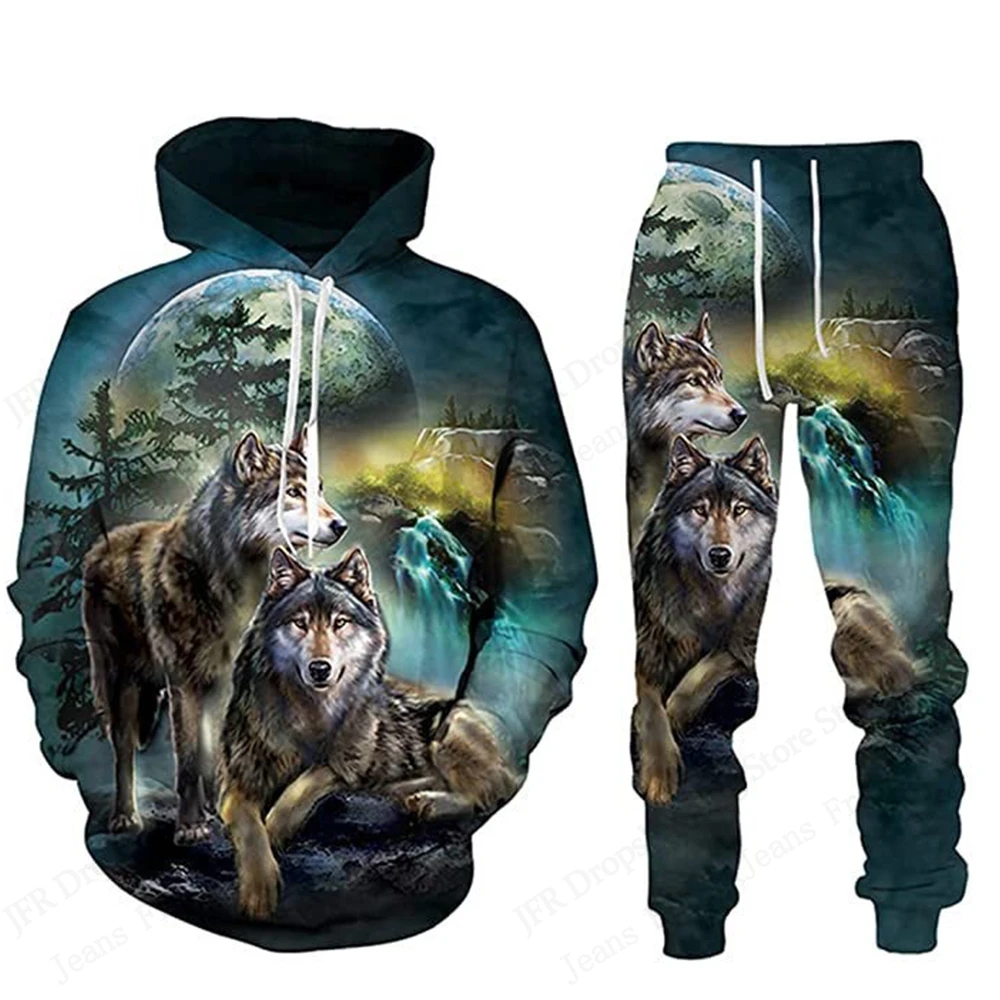 

Novel Men Hoodie Pant Sets 3d Animal Wolf Moon Print Sets Men Women Fashion Hoodie+Pant 2 Piece Suit Tracksuit Set Sports Street