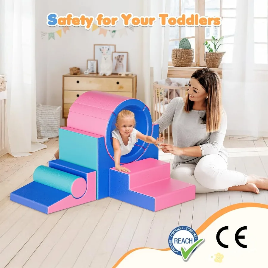 كتل تسلق إسفنجية للأطفال الصغار من 1 إلى 3 سنوات، مجموعة لعب ناعمة مكونة من 5 قطع مع ألعاب استكشاف الزحف على شكل نفق، كتل آمنة للرضع في الأماكن المغلقة لـ B