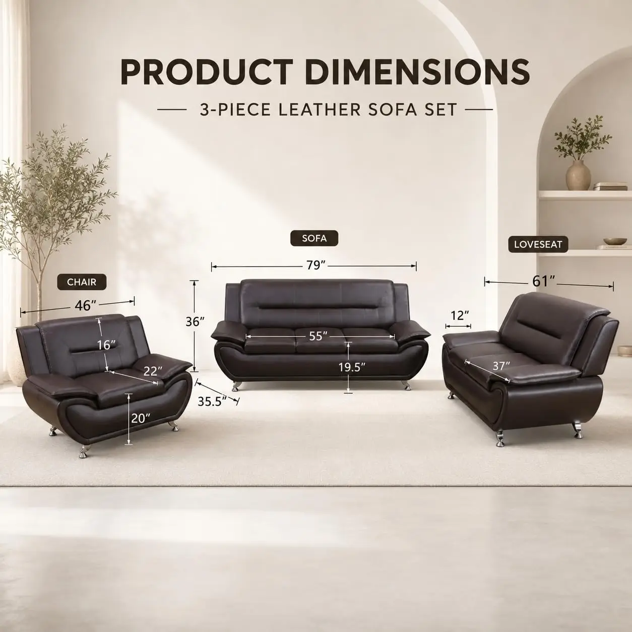 3 Piece Faux Leather Sofa Set for Living Room, Modern Living Room Furniture Set with Sofa, Loveseat & Chair, Solid, Customized