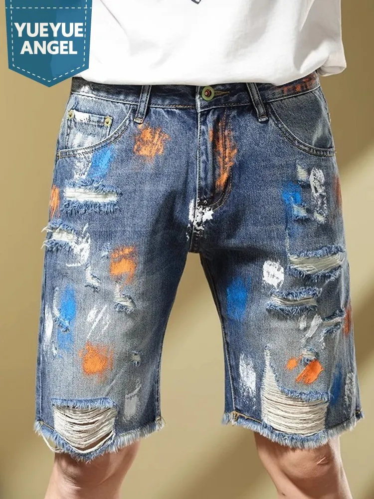 Summer Mens Slim Fit Hole Ripped Knee Length Jeans Casual Straight Printed Denim Shorts Stretchy Fashion Tassels Cowboy Shorts