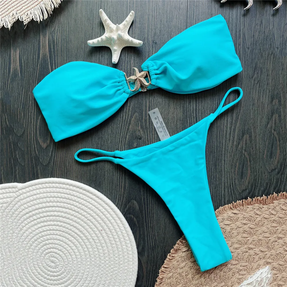 

Metal Starfish Blue Bandeau Bikinis Sets Micro Thong Sexy Swimsuit Women Solid Swimwears Bathing Suit Biquinis Bikini 2025 Mujer