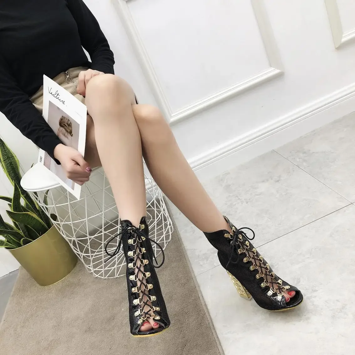 New Summer Sandal Sexy Golden Bling Gladiator Sandals Women Pumps Shoes Lace-Up High Heels Sandals Boots Gold 42 43 hjk8