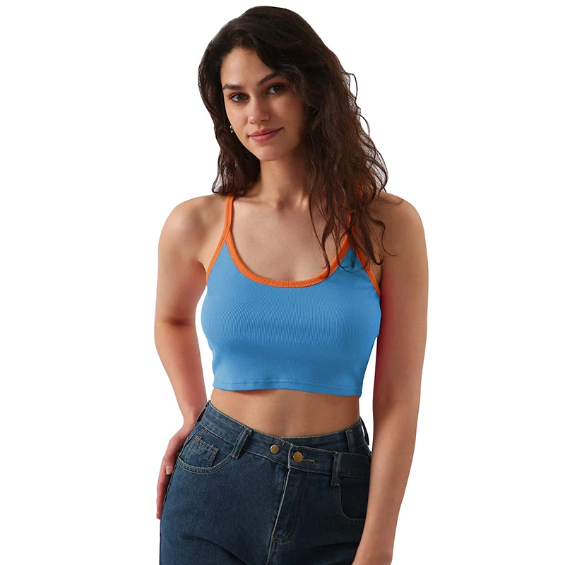 94% Cotton Stretchy Women's Cropped Tops Sexy Back Cross Patchwork Streetwear Summer Tops Aesthetic Clothing