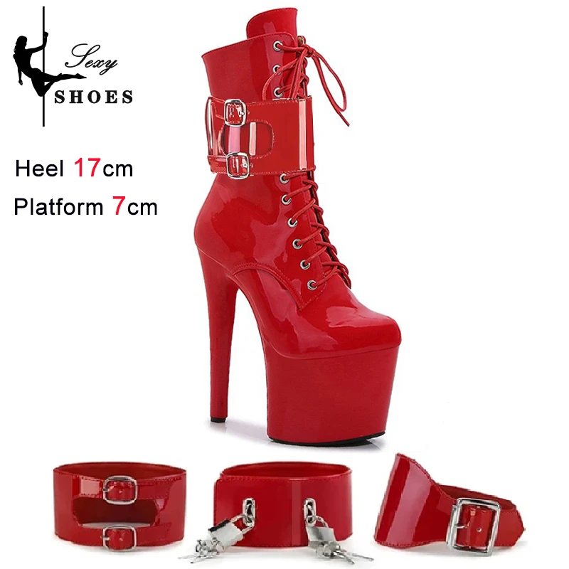 New Sexy Red Fetish Zip Women\'s Boots T Show Lock Belt Buckle Club Party Ankle Boots Thin High Heels Laces Stripper Heels Boots