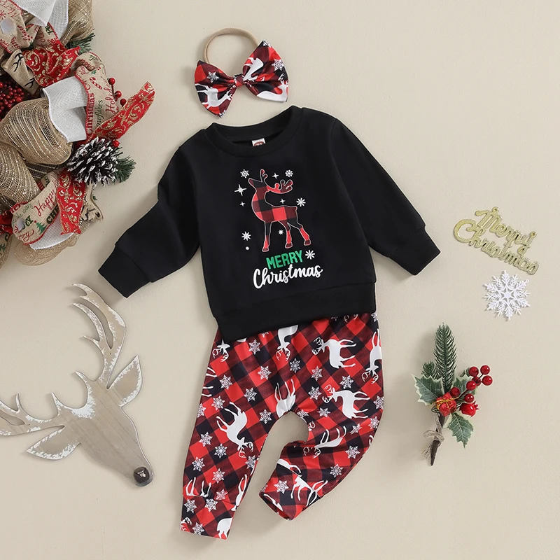 Cute Baby Girl Christmas Outfit with Reindeer Print Long Sleeve Top Pants and Bow Headband - 3 Piece Set for Toddler