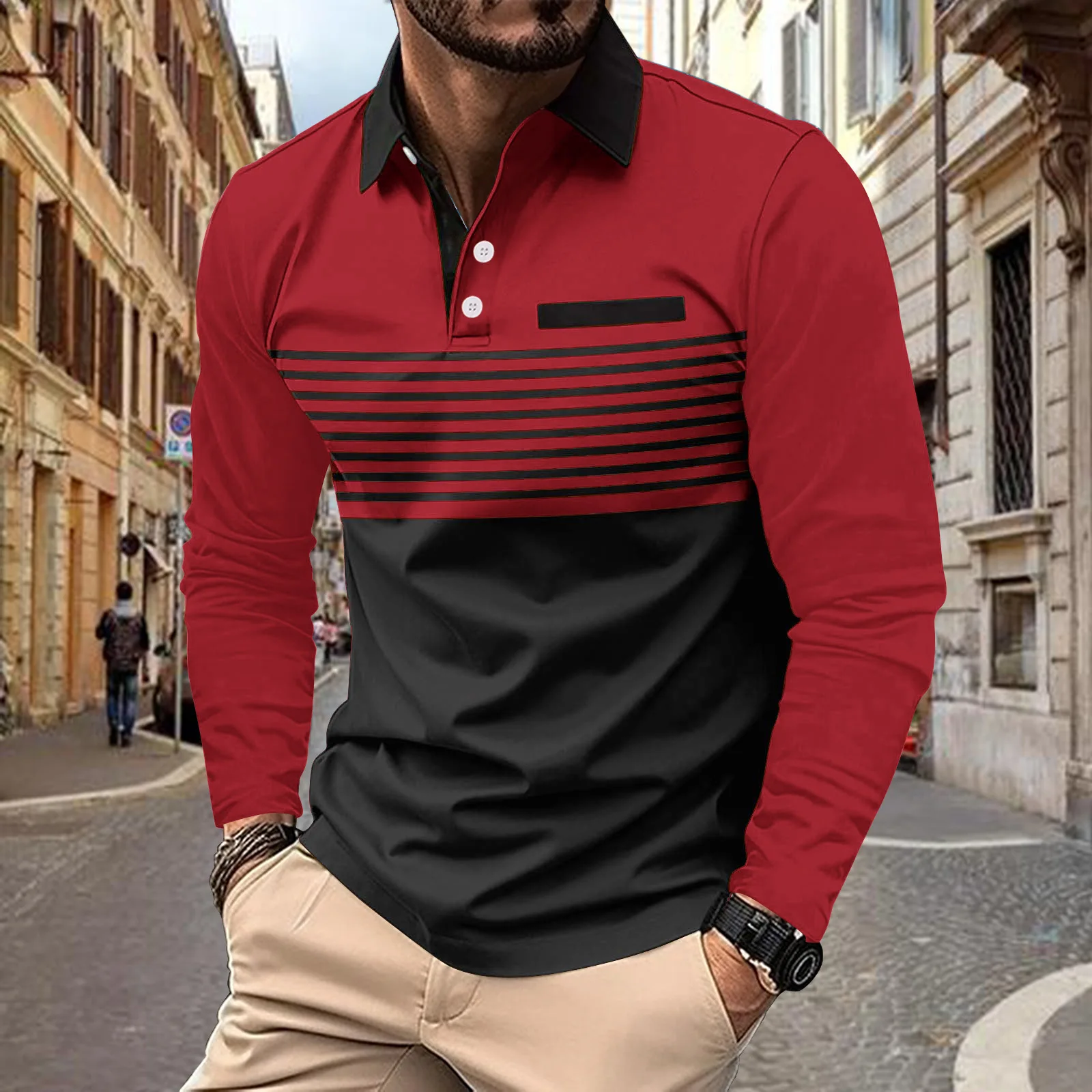 Nuova camicia POLO da uomo leggera casual con risvolto tascabile primavera e autunno T-shirt a maniche lunghe con stampa a righe larghe di grandi