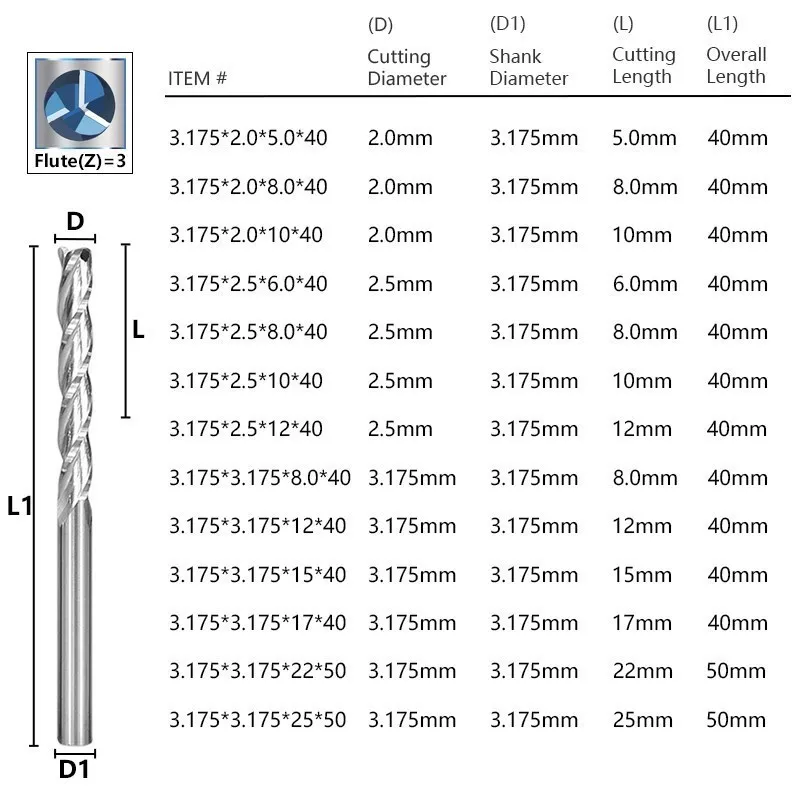 Fresa in metallo duro XCAN fresa piatta con gambo da 3.175mm fresa a 3 scanalature per fresa a spirale per taglio alluminio