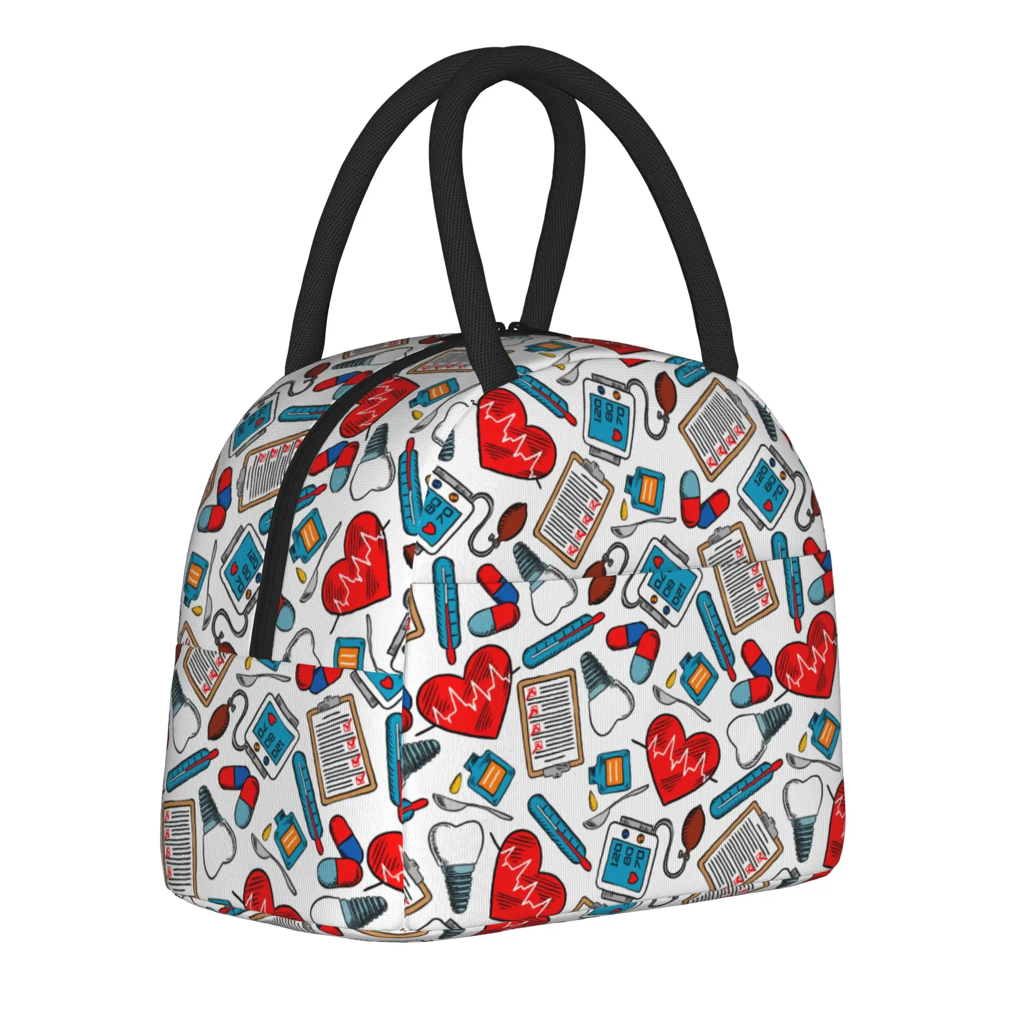 Hearts Tooth Medicine Healthcare Pattern Insulated Lunch Bag Cooler Bag Reusable,Meal Container  Portable Tote Lunch Box Travel