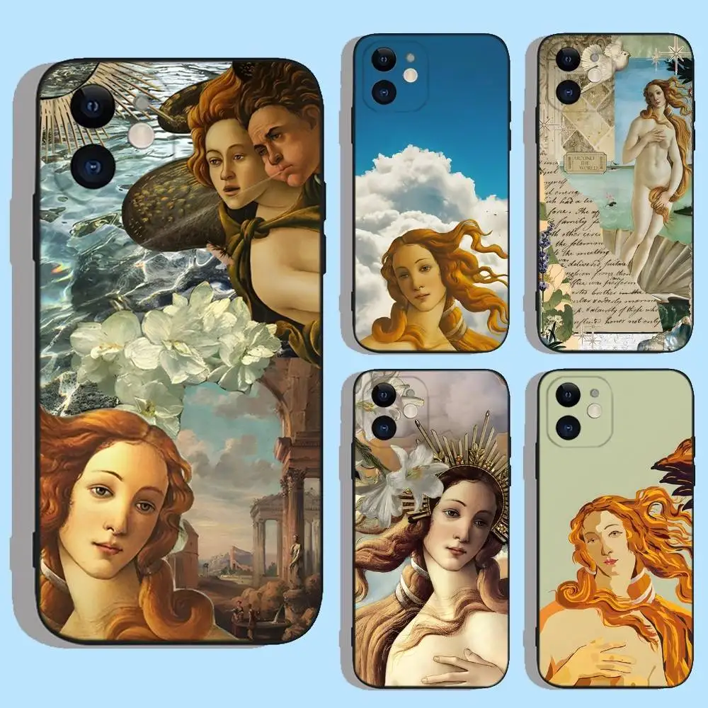 

Art Paintings The Birth Of Venus Phone Case For iPhone 16e,16,15,14,13,12,11,XS,XR,X,8,7,Pro,Max,Plus,mini Silicone Black Cover
