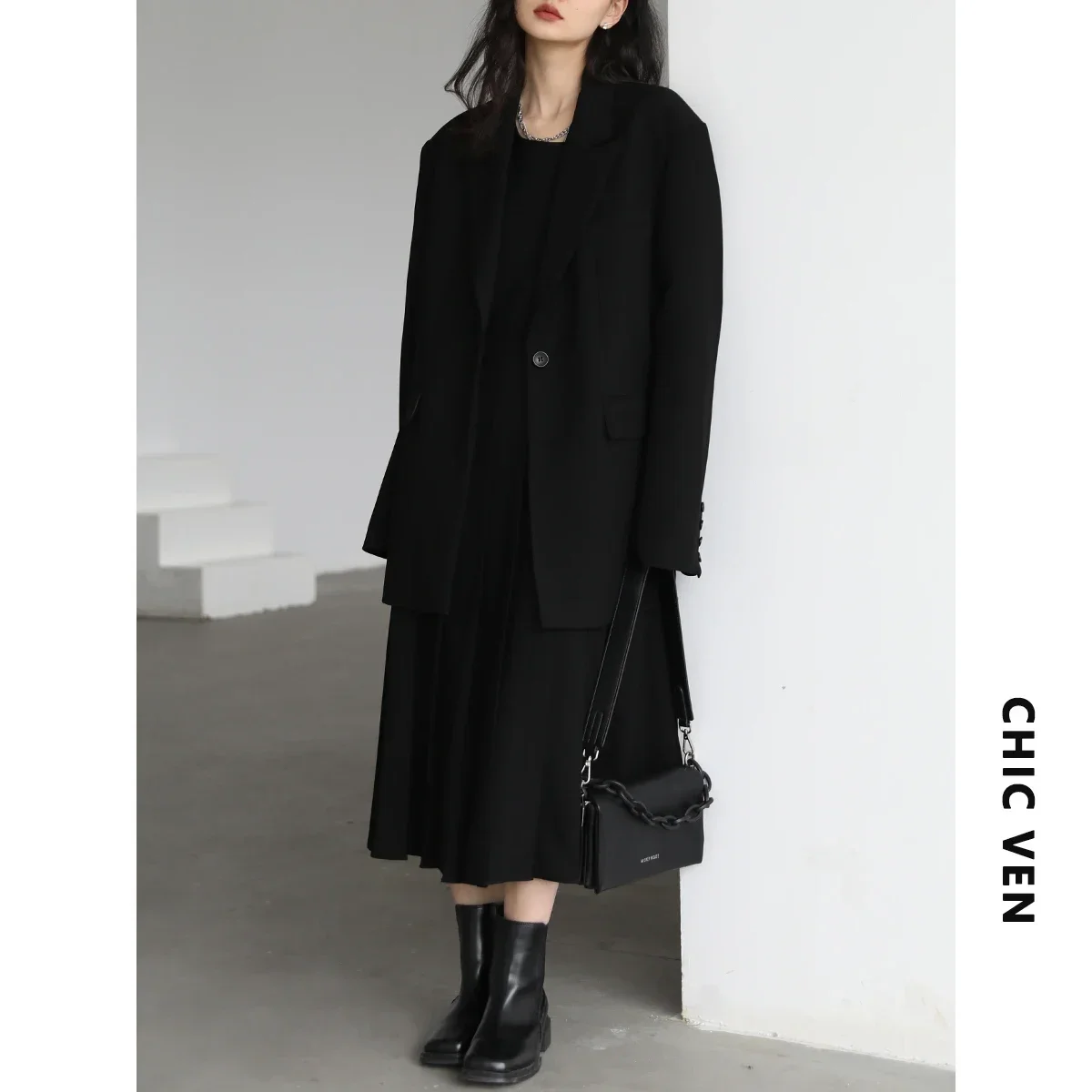 CHIC VEN New Fashion Women\'s Blazer Wide Shoulder Suit Coat Pleated Dress Two-piece Set for Women Spring Autumn 2023 Office Lady