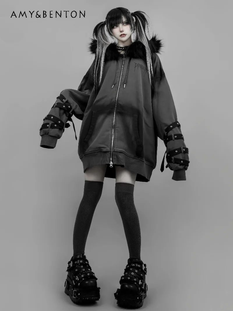

Japanese Mine Series Harajuku Style Rivet Lace-Up Loose Fur Collar Hooded Jacket Subculture Gothic Oversized Jackets for Women