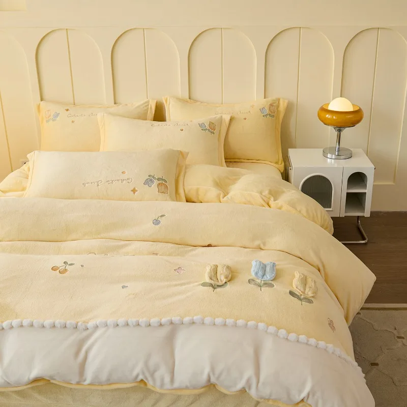 Simple Skin-friendly Milk Velvet Three-dimensional Embroidery Four-piece Set Bed Sheet Quilt Cover Pillowcase Bedding Set.